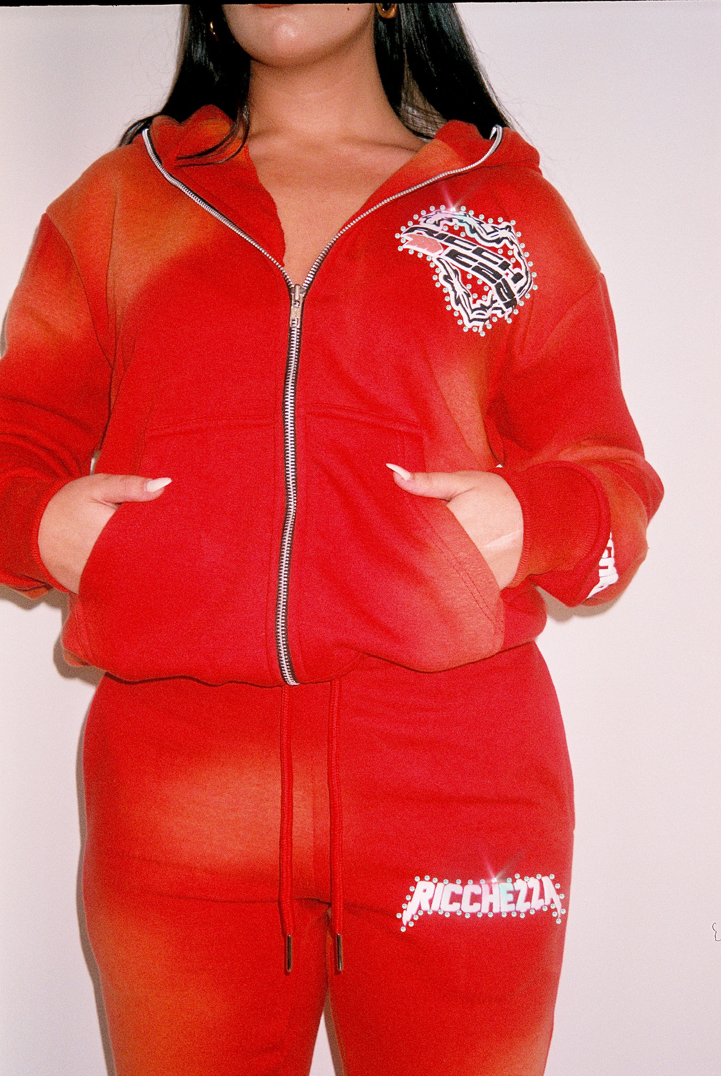 Chezza Clouded Rhinestone Full Zip Hoodie (Red)