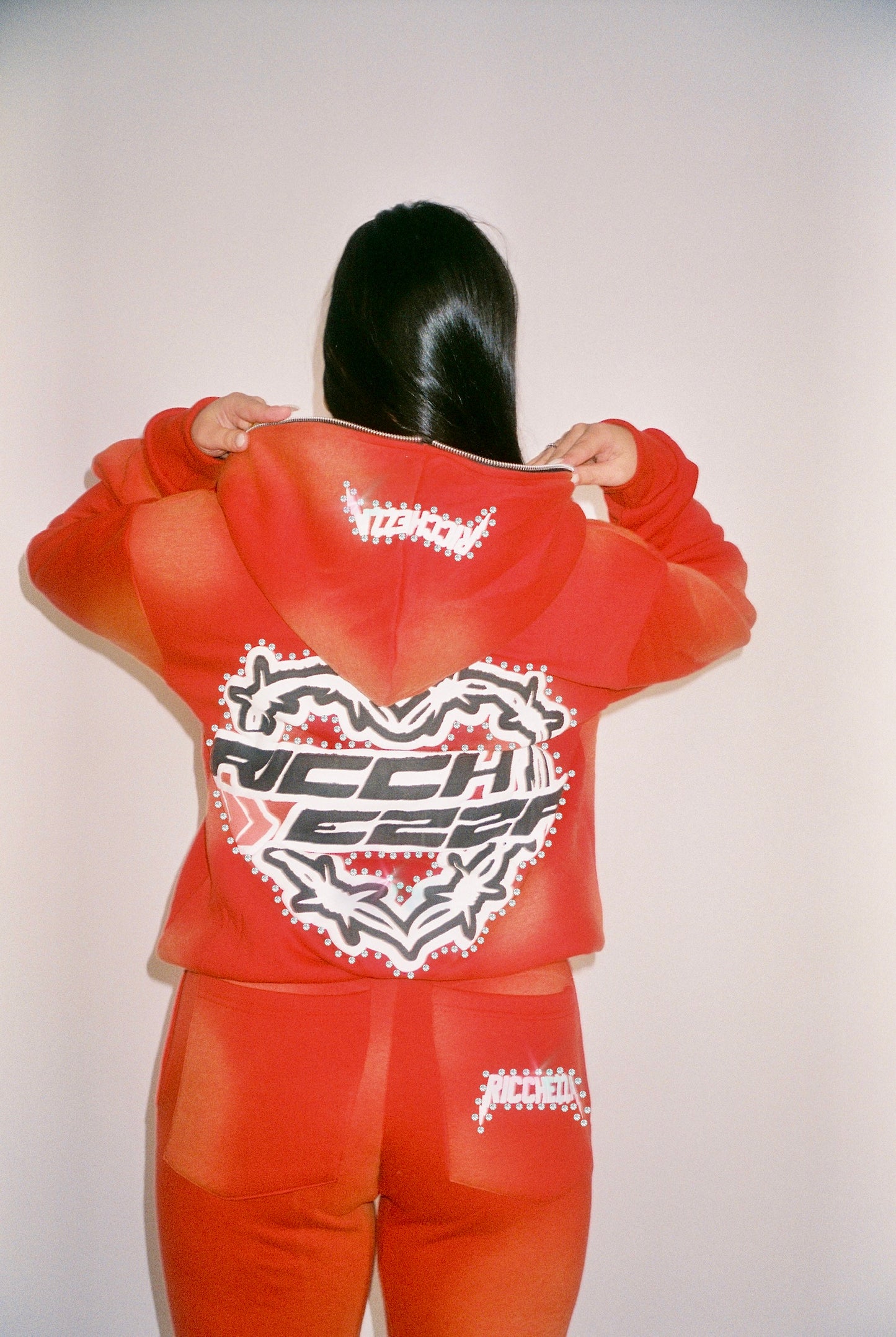 Chezza Clouded Rhinestone Full Zip Hoodie (Red)