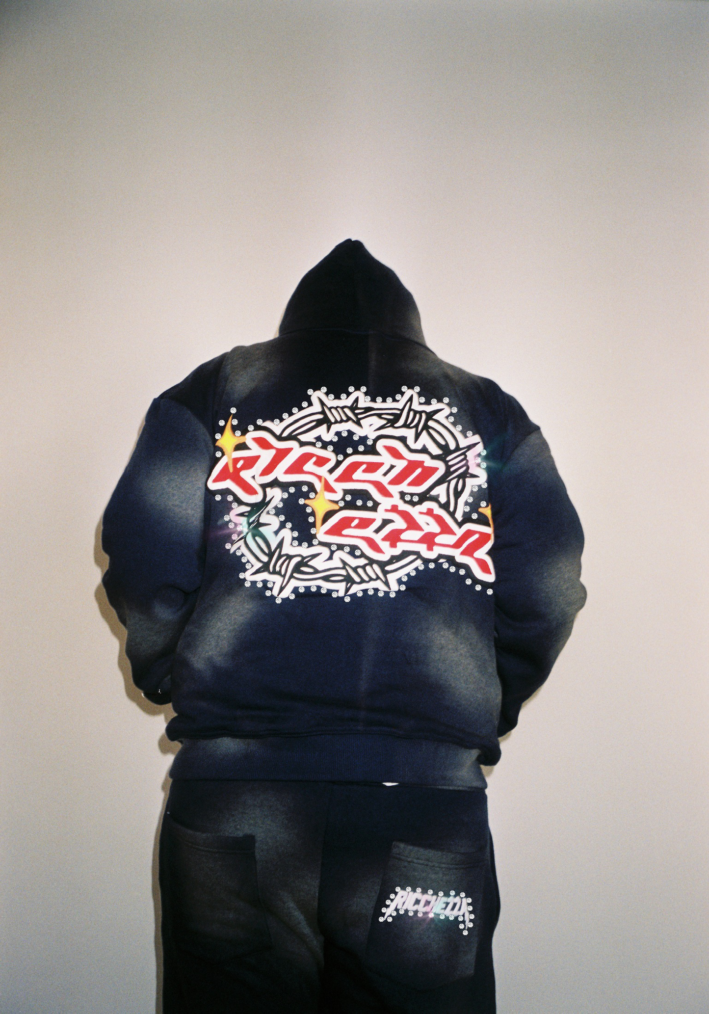 Chezza Clouded Rhinestone Full Zip Hoodie (Navy)