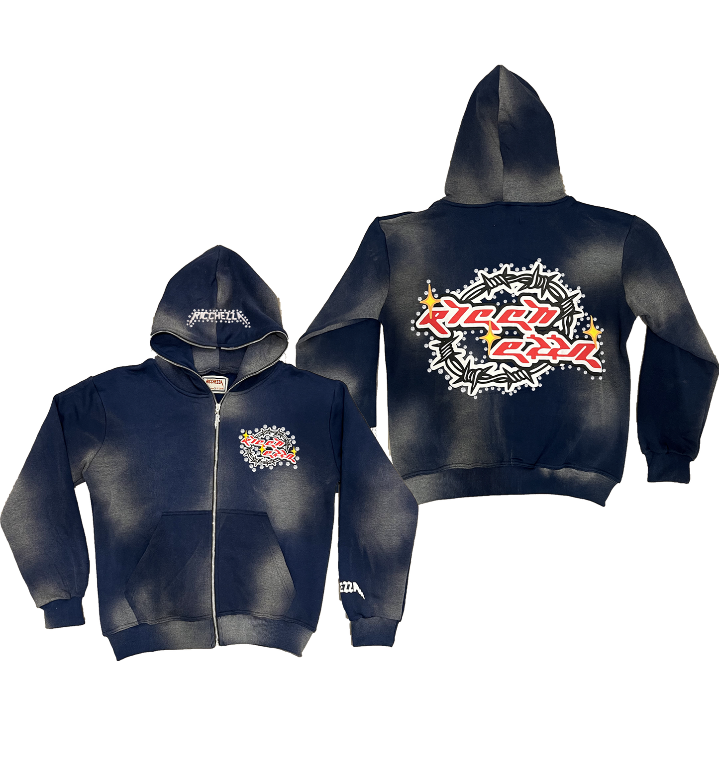 Chezza Clouded Rhinestone Full Zip Hoodie (Navy)