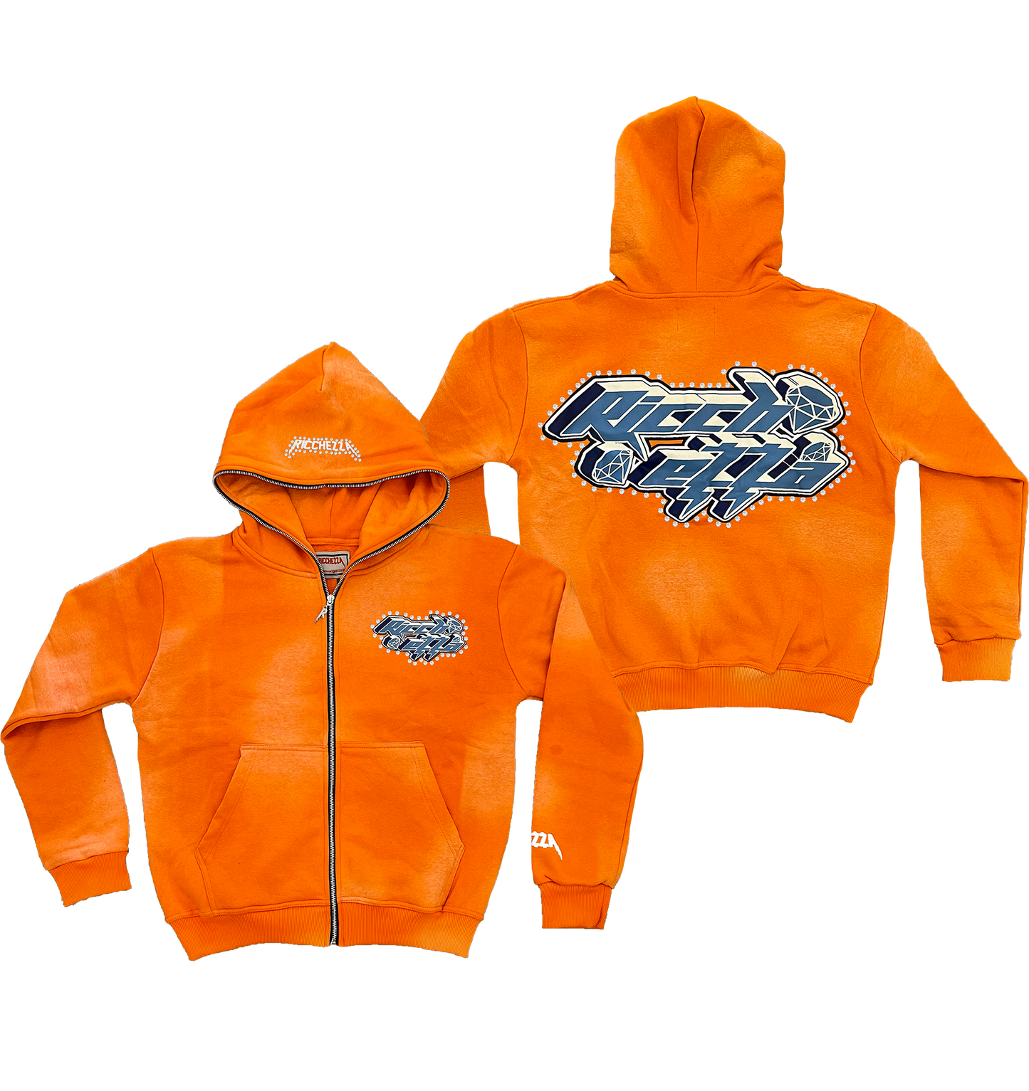 Chezza Clouded Rhinestone Full Zip Hoodie (Orange)