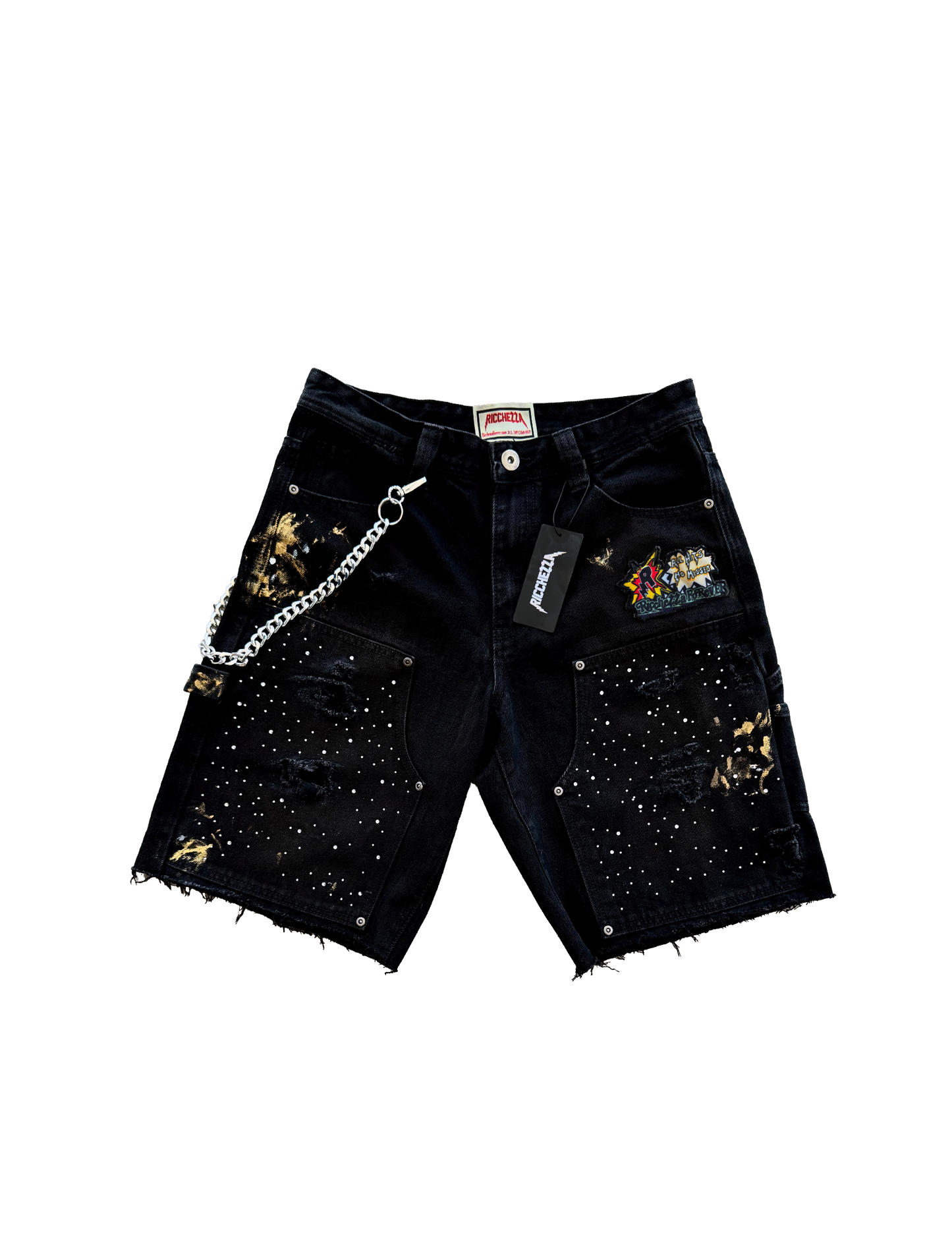 "All Hits No Misses" Rhinestone Patched Denim Shorts