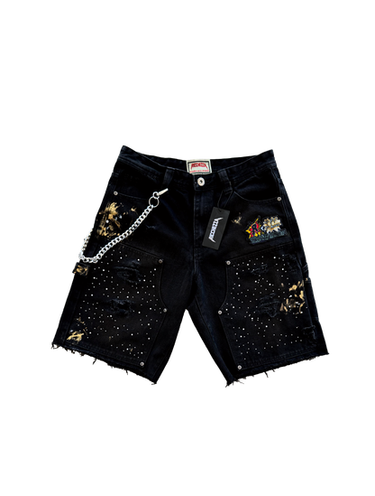 "All Hits No Misses" Rhinestone Patched Denim Shorts