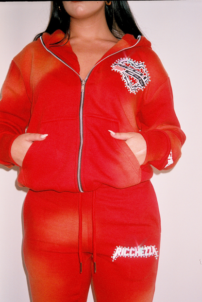 Chezza Clouded Rhinestone Flared Sweat Pants (Red)