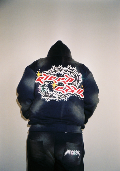 Chezza Clouded Rhinestone Full Zip Hoodie (Navy)