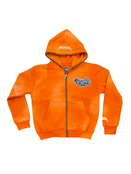 Chezza Clouded Rhinestone Full Zip Hoodie (Orange)