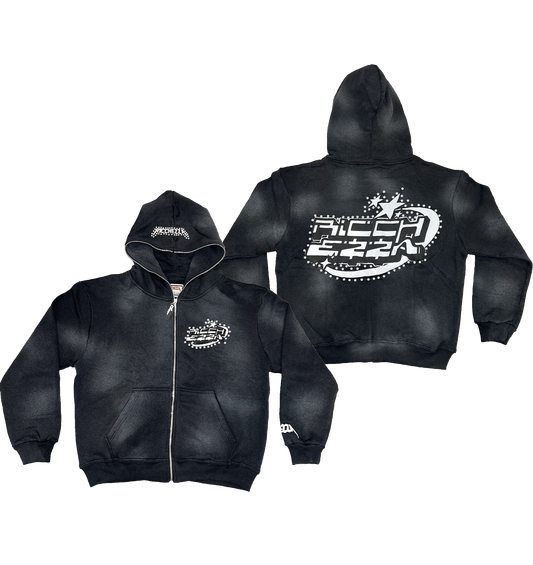 Chezza Clouded Rhinestone Full Zip Hoodie (Black)