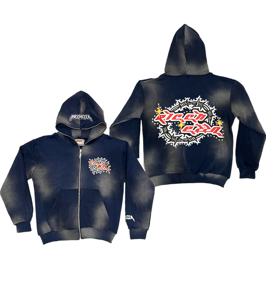 Chezza Clouded Rhinestone Full Zip Hoodie (Navy)