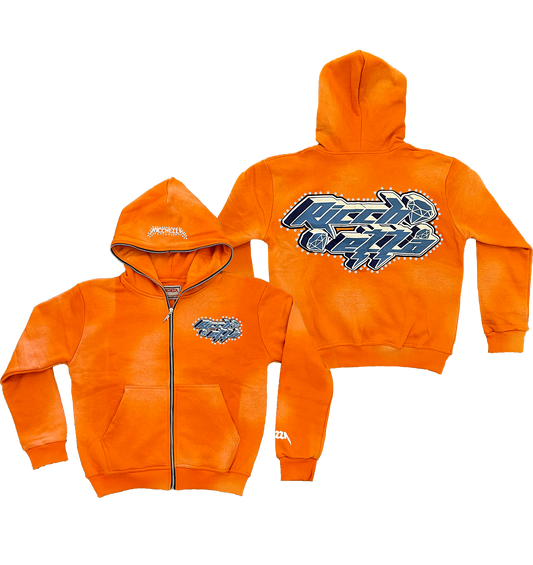 Chezza Clouded Rhinestone Full Zip Hoodie (Orange)